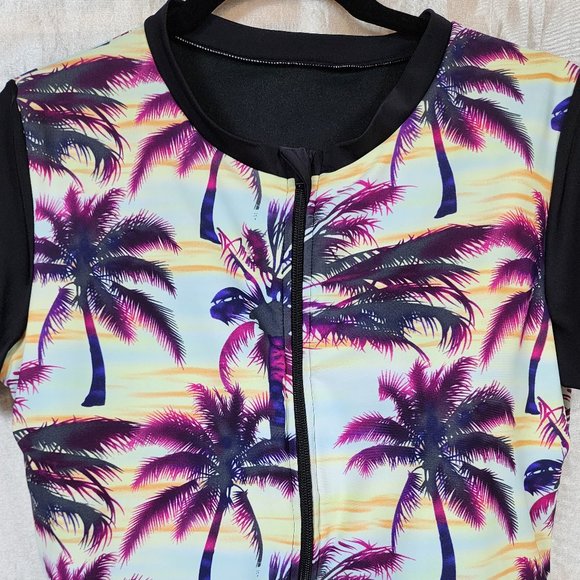 Women's sz XL Zip Front Palm Tree Print Short Sleeve Swim Suit - EXCELLENT - Picture 2 of 14